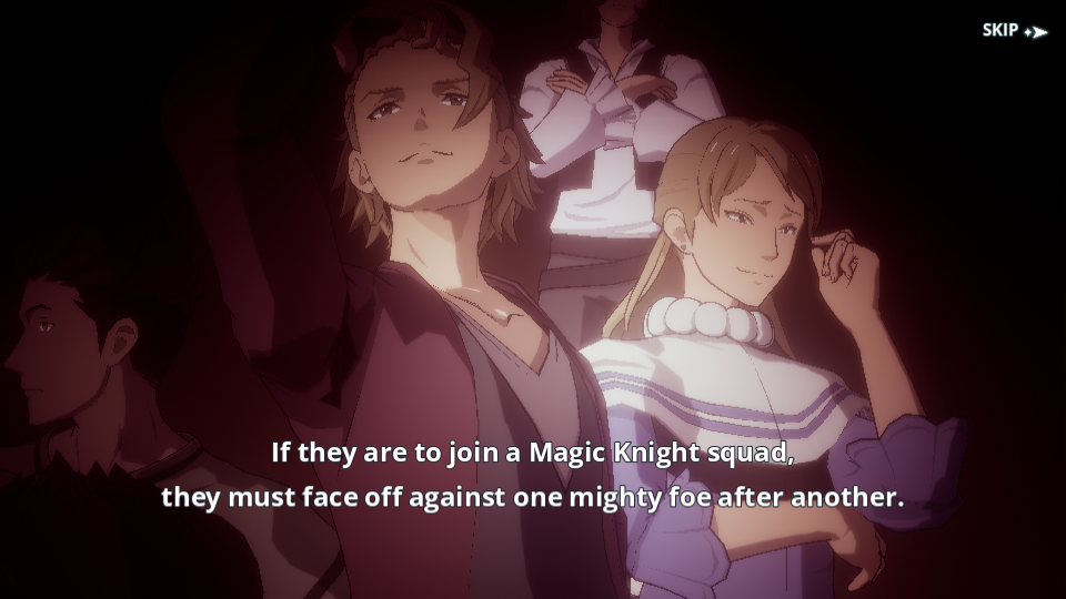 A cut scene explaining the Magic Knights' Entrance Exam in Black Clover Mobile.